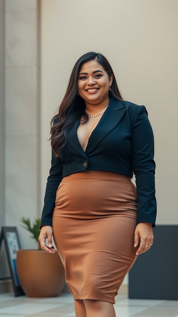 A woman wearing a cropped blazer and ribbed dress, smiling confidently.