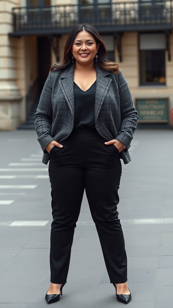 A woman wearing a cropped bouclé jacket and black cigarette pants, exuding French chic style.