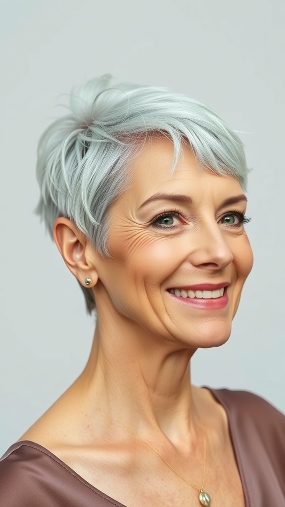 A woman with a cropped haircut featuring a zig-zag shaved design, smiling confidently.