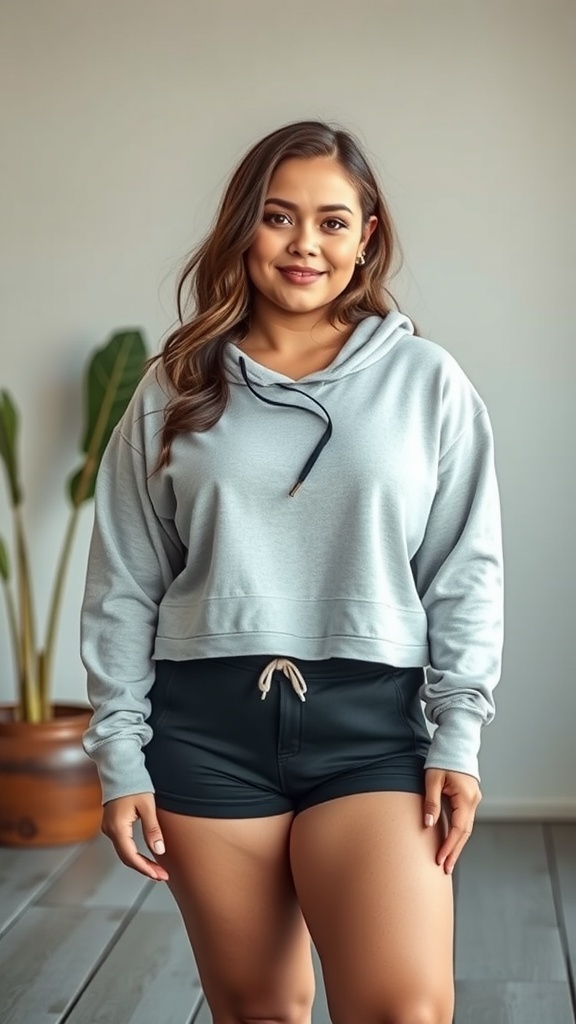 A woman wearing a cropped hoodie and high-waisted bike shorts, showcasing a stylish casual outfit.