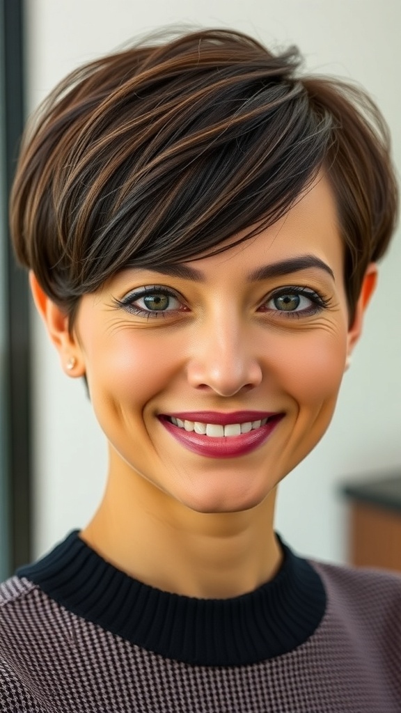 A woman with a cropped pixie haircut and side bangs, smiling.