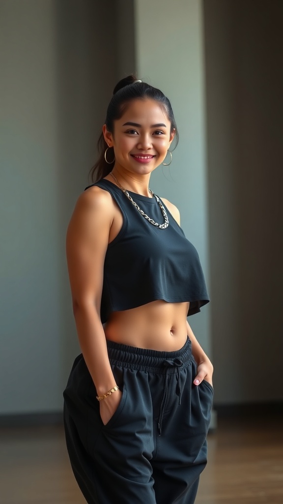 A woman wearing a cropped tank and joggers, smiling confidently in a dance studio.