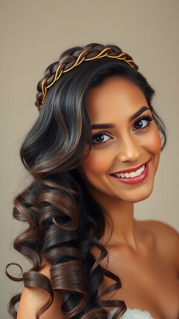 A woman with a crown braid and flowing curls, smiling elegantly.