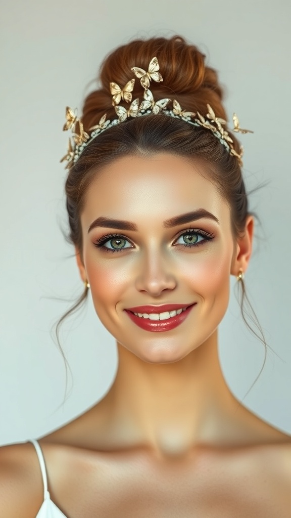 A bride with a crown bun hairstyle adorned with butterfly hair pins, smiling gracefully.