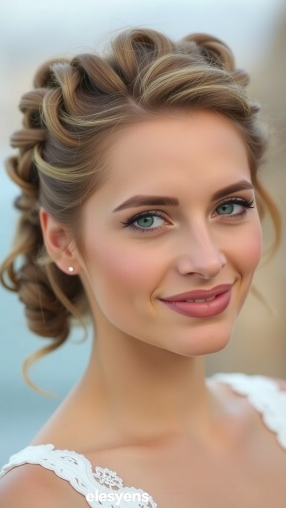 A woman with a crown lifted hairstyle featuring braided details, perfect for a beach wedding.