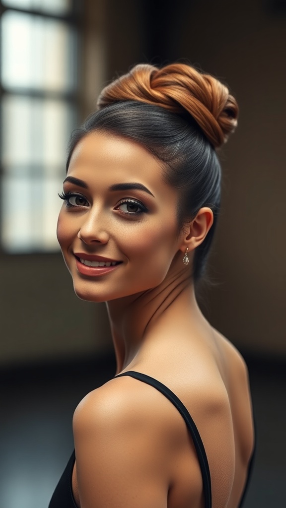 A woman with a Crown Twist Updo hairstyle, showcasing volume in the back, perfect for ballroom dance.