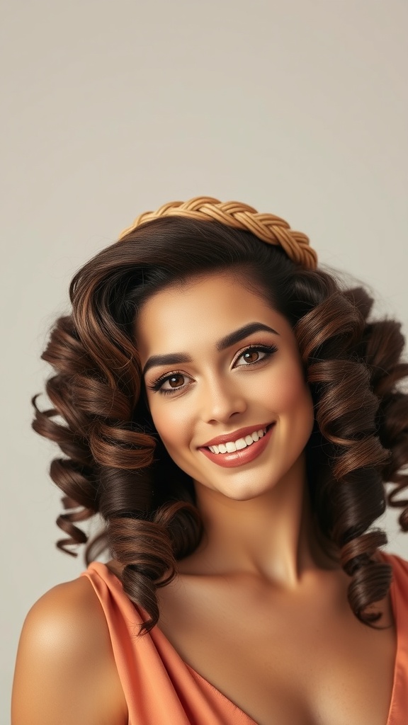 A woman with a crown twist hairstyle featuring glamorous curls, wearing an orange dress.