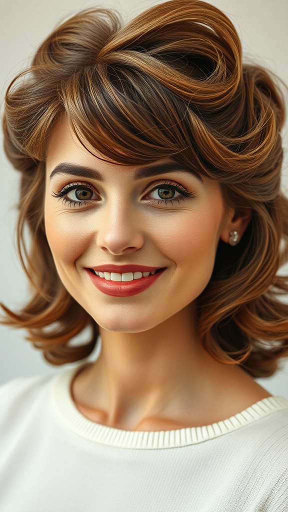 A woman with a curl roller pattern blowout and feathered bangs, showcasing a 70s layered hairstyle.