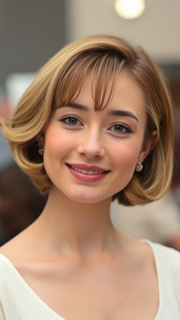 A woman with a curled ends bob hairstyle and bangs, smiling at the camera.