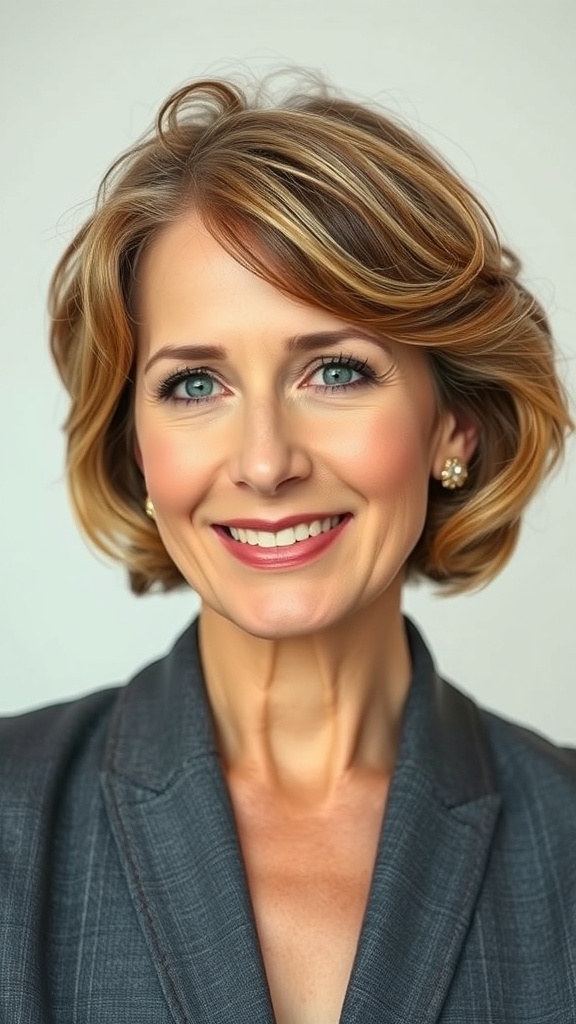 A woman with a curled ends bob hairstyle and soft side bangs, smiling confidently.