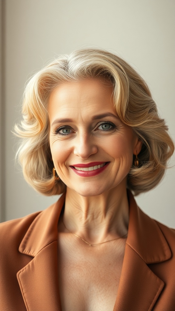A woman over 50 with a curled under bob hairstyle, smiling and wearing a stylish outfit.