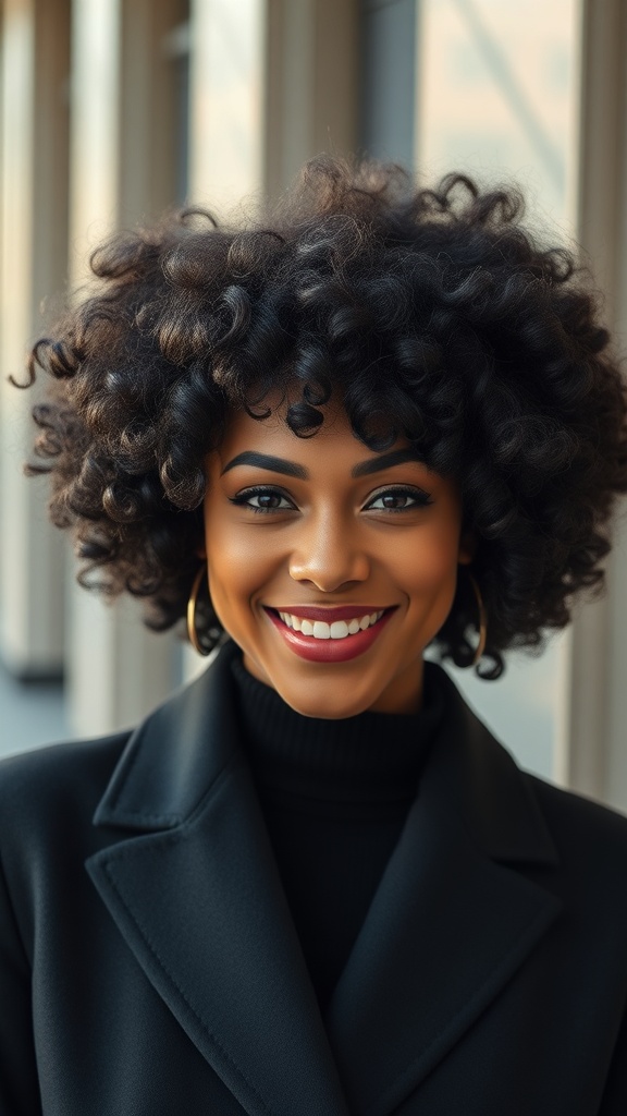 A woman with a curly blunt cut bob chin-length hairstyle, smiling confidently.