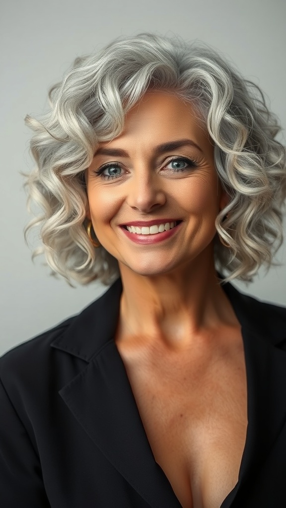 A woman with a curly bob hairstyle and natural highlights, smiling confidently.