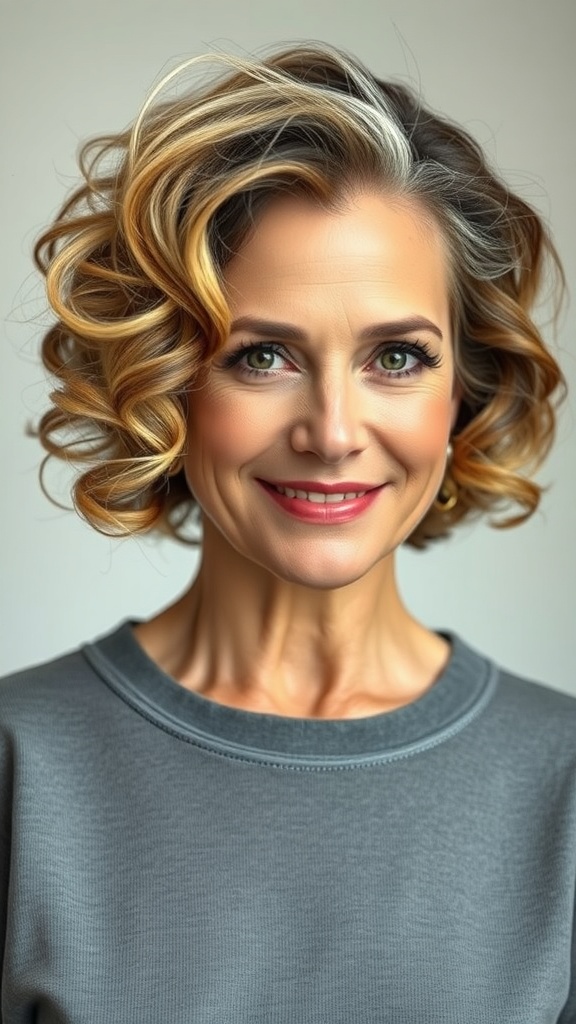 A woman with a curly bob hairstyle featuring a side part, showcasing classy grey hair and warm tones.