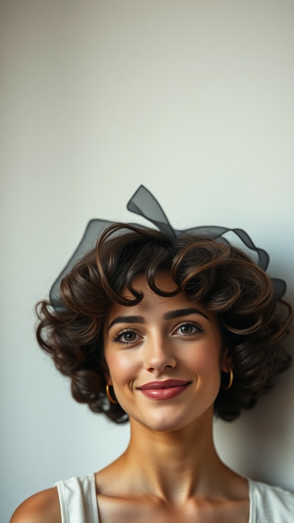 A woman with a curly bowl cut featuring sculpted curls, smiling against a neutral background.