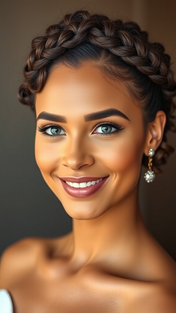 A bride with a curly braided updo featuring a side twist, showcasing her natural hair.