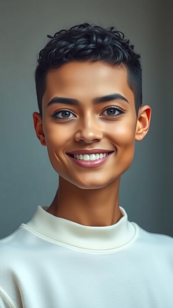 A person with a curly buzz cut and graphic lines, showcasing a bold hairstyle.