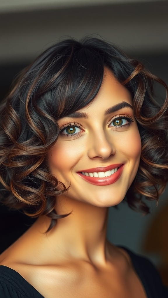 A woman with a curly crop blunt cut bob chin-length hairstyle, smiling confidently.