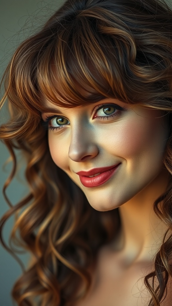 A woman with layered curly hair and long curtain bangs, smiling softly.