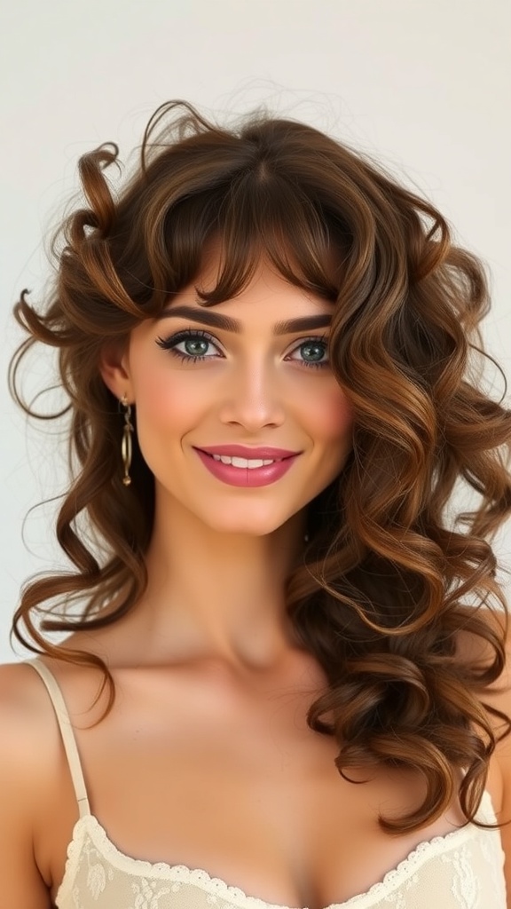 A woman with layered curly hair and curtain bangs, smiling at the camera.
