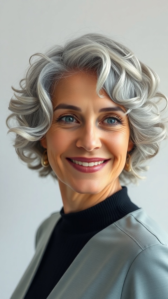 A woman with a curly inverted bob hairstyle, showcasing her grey hair and a bright smile.