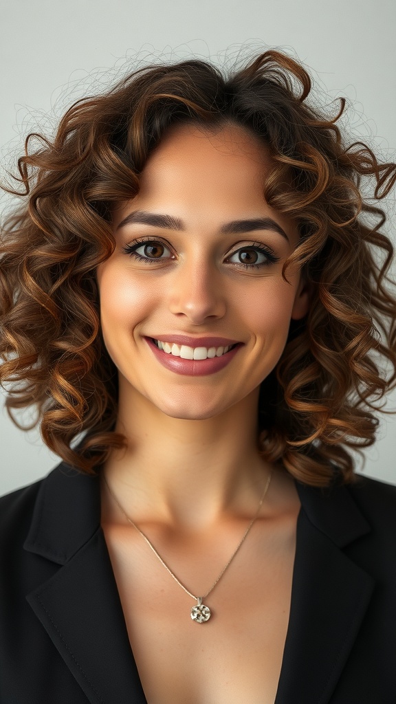A woman with layered curly hair in a curly lob style, smiling and wearing a black blazer.