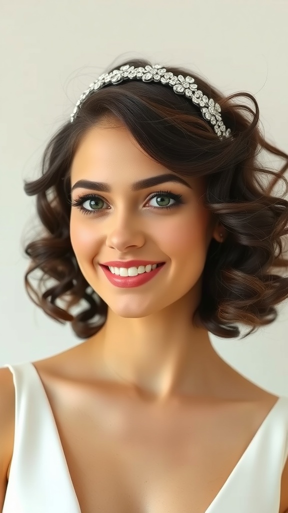 A woman with a curly lob hairstyle, featuring side volume and a sparkling headband, smiling confidently.