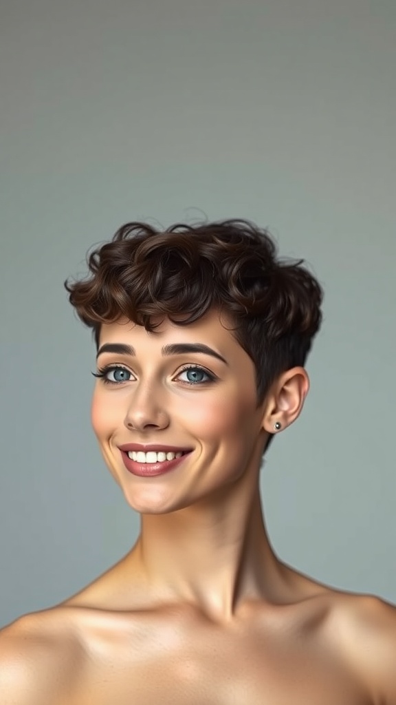 A person with a curly pixie cut and tapered sides, smiling confidently.