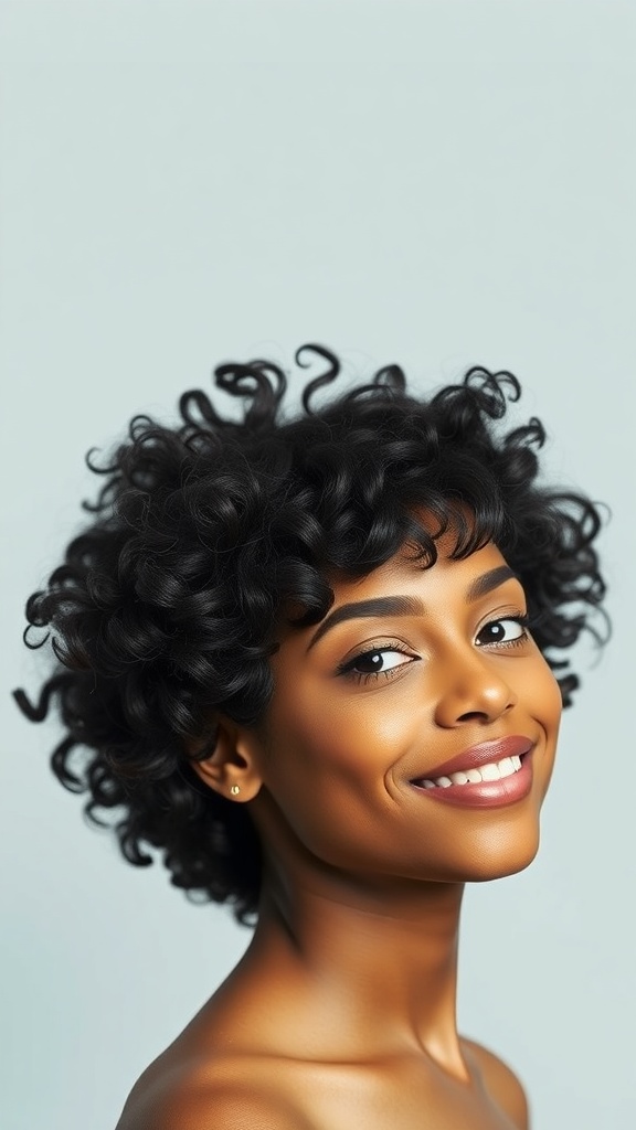 A woman with a curly pixie mullet hairstyle, smiling against a light background.