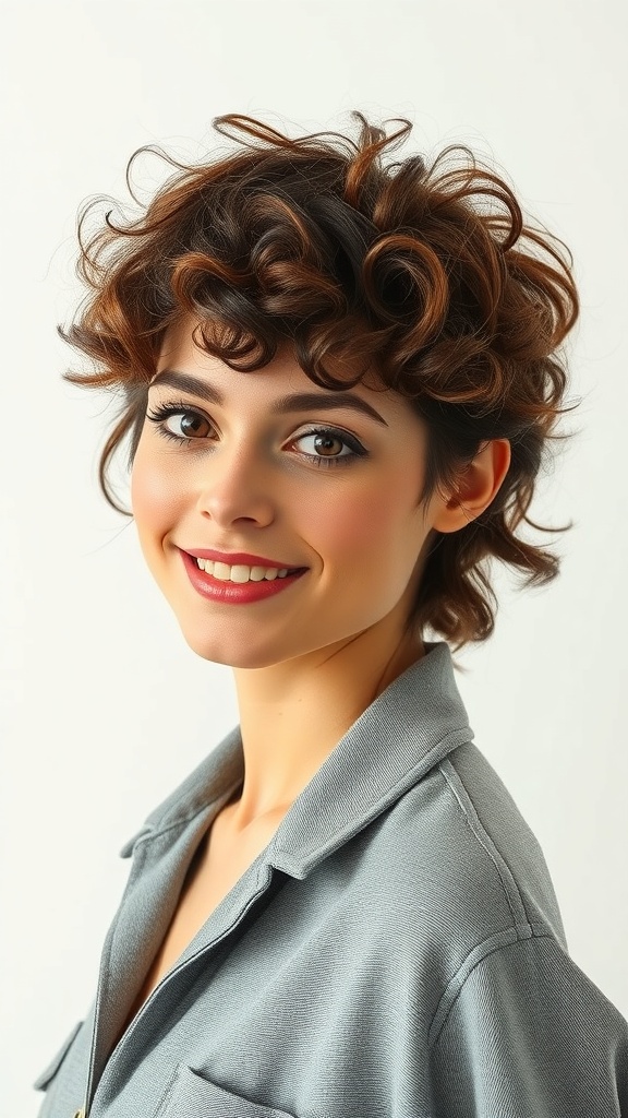 A person with a curly shag cut and curtain bangs, smiling at the camera.