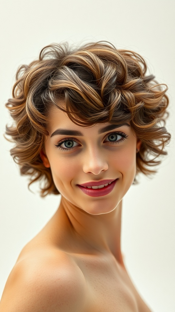 A woman with short layered curly hair styled in a curly shag with piecey layers, smiling at the camera.