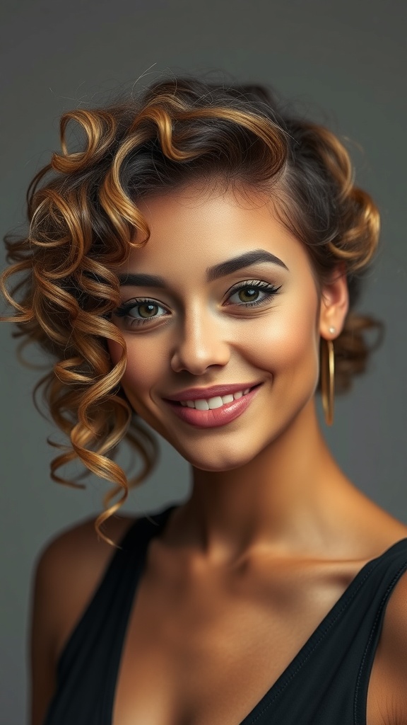 A woman with curly side part hair and glitter roots, smiling confidently.