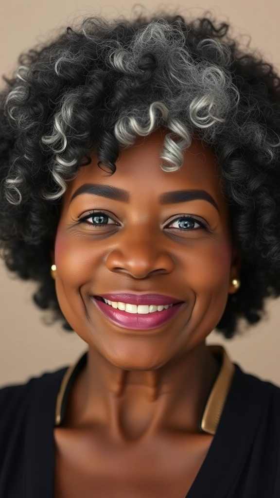 A woman with a curly tapered afro hairstyle featuring blended gray roots, smiling confidently.