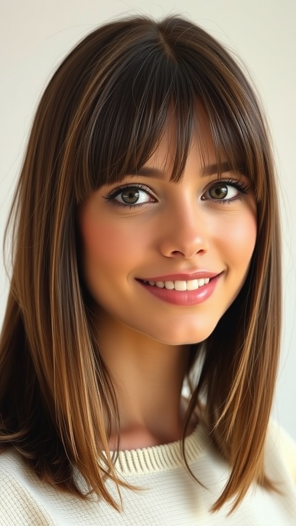 A woman with long straight hair and curtain bangs, smiling at the camera.