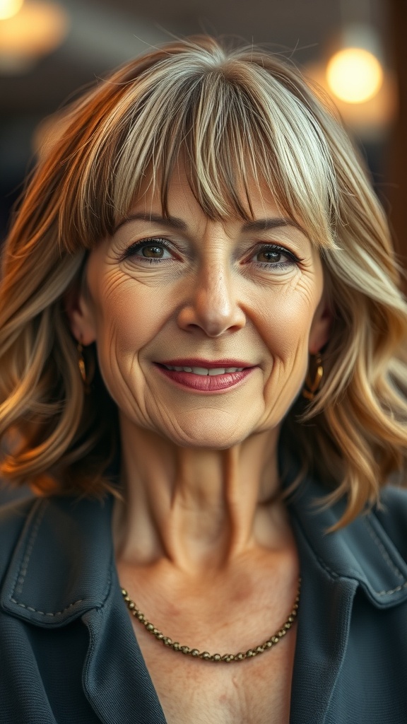 A woman with curtain bangs and soft highlights, smiling warmly.