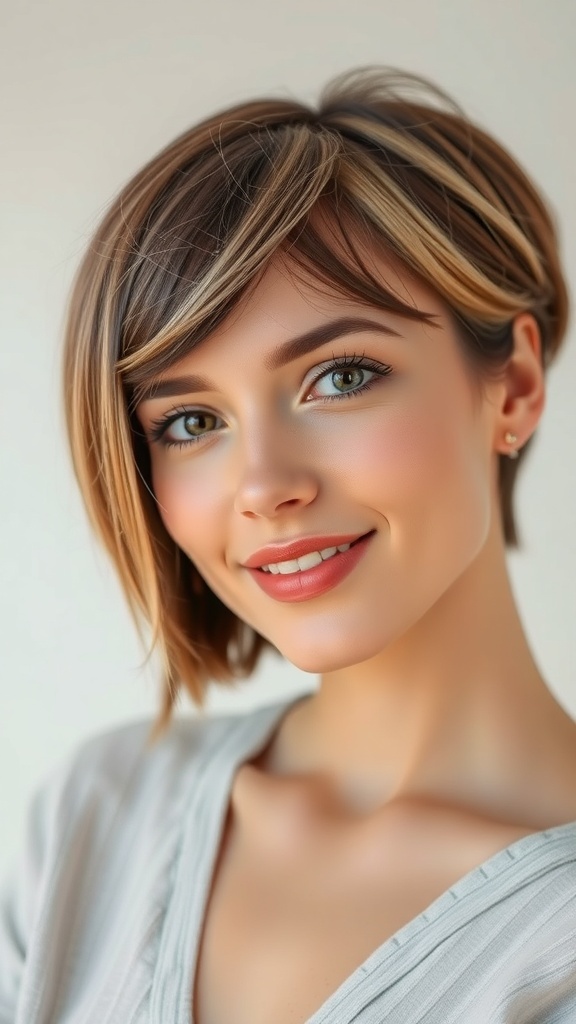 A woman with a curved brown bob hairstyle featuring blonde highlights.