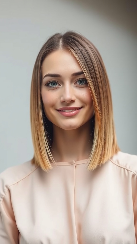 A woman with a sleek, straight layered haircut, showcasing a gradient from short to long layers.