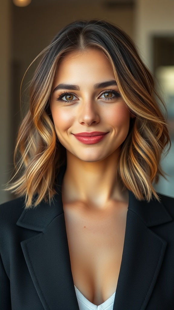 A woman with long layered wavy hair styled in a long bob, showcasing soft waves and side layers.