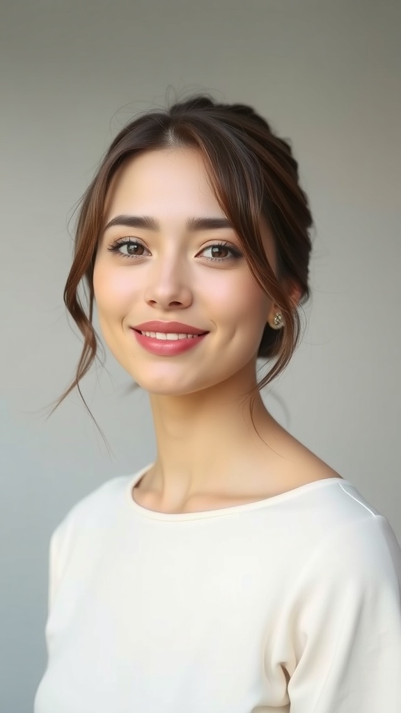 A woman with long layered hair styled in a cute half-up hairstyle, featuring soft waves and a bright smile.