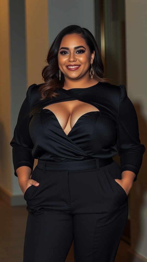 A confident plus-size woman wearing a stylish cutout top and structured slacks.