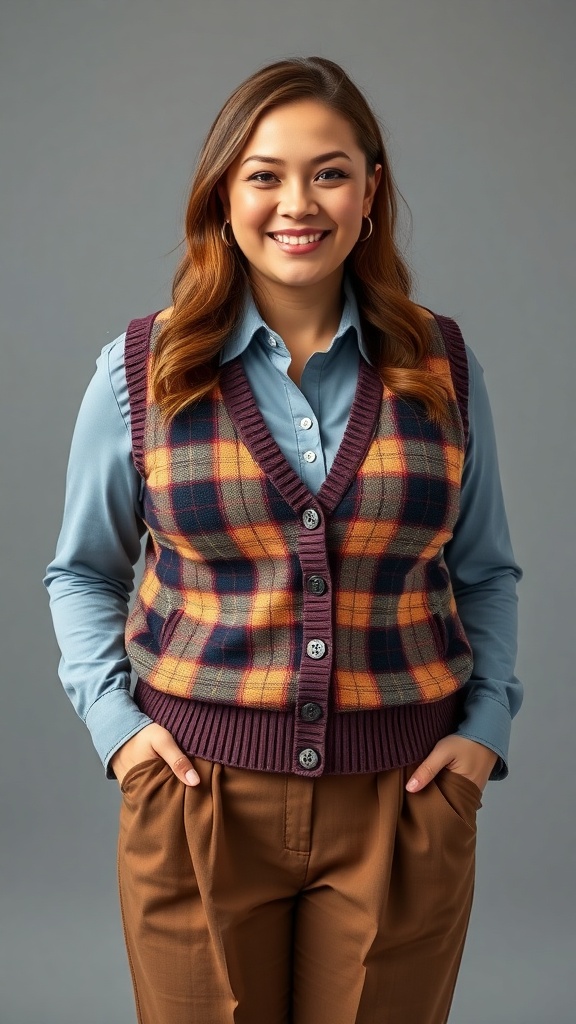 A short chubby girl smiling in a plaid vest and beige pants, showcasing a Dark Academia layered outfit.