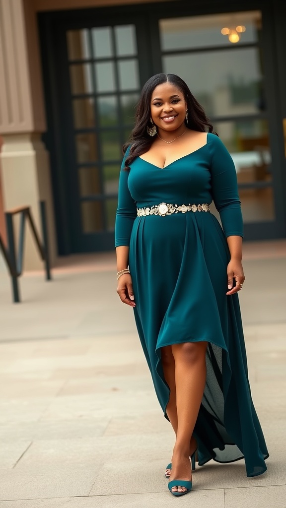 A woman wearing a dark teal A-line dress with a beaded waist, smiling and standing outdoors.