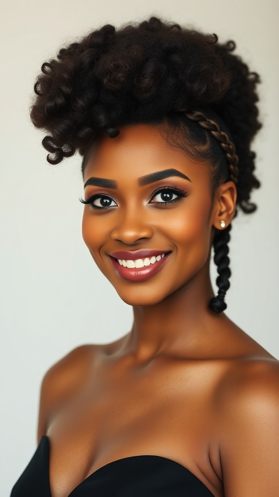 A woman with a defined curly bun and side cornrow detail, showcasing a natural hair updo wedding style.