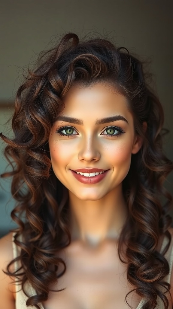A woman with defined long curls and V-cut ends, showcasing a vibrant curly hairstyle.