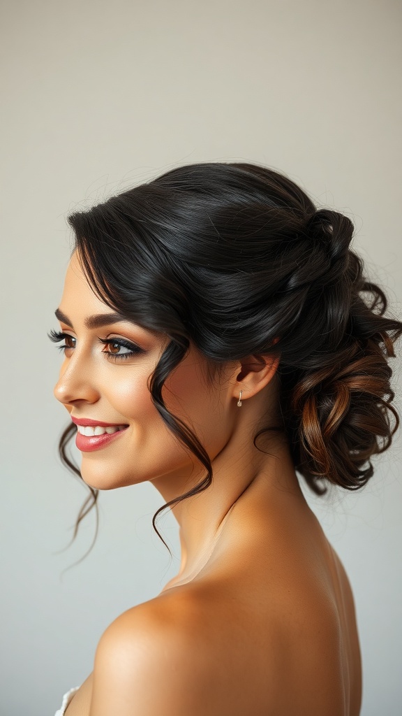 A bride with a defined low bun hairstyle, showcasing soft curls and a radiant smile.