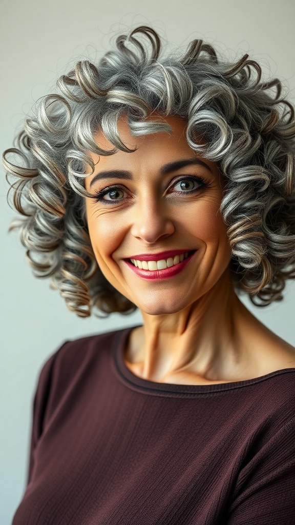A woman with defined salt-and-pepper curls, smiling and wearing a brown top.