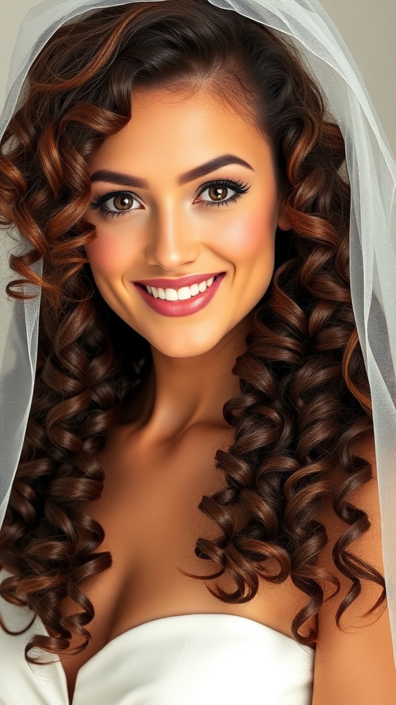 Bride with defined spiral curls and a long veil, showcasing elegant wedding hair
