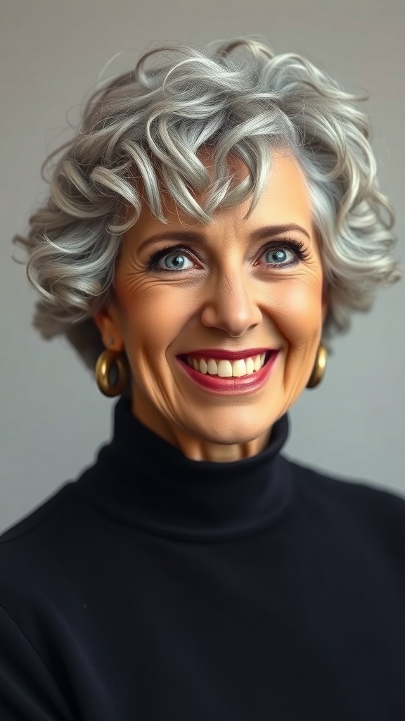 A smiling older woman with defined spiral curly bob hairstyle, showcasing her grey hair.