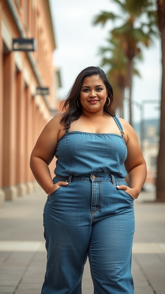 A confident plus size woman wearing a strapless denim top and wide jeans, standing outdoors.