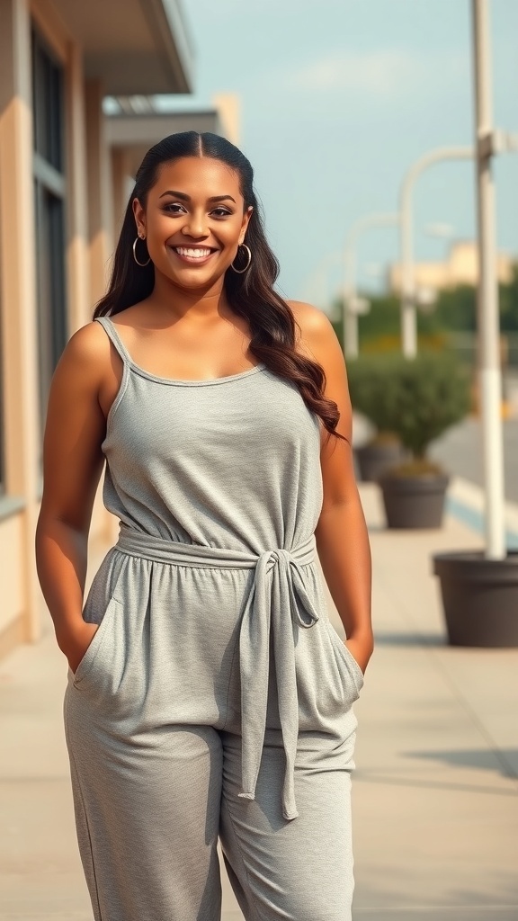 A smiling woman wearing a gray drawstring jumpsuit with a sleeveless tank, standing outdoors.